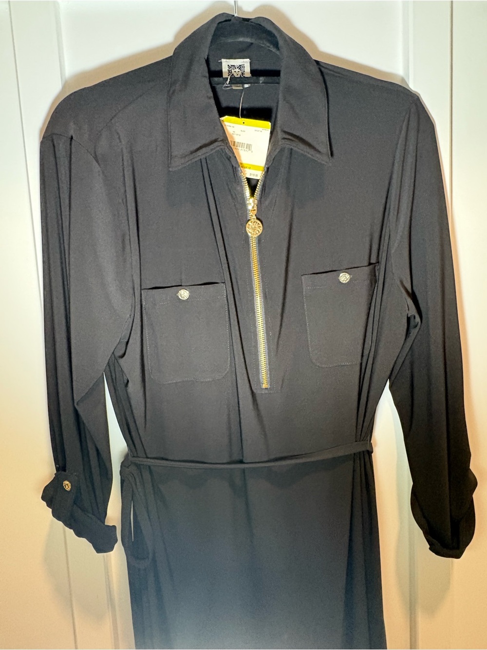 Anne Klein Black Zip-Front Shirt Dress with Waist Tie - Picture 2 of 4